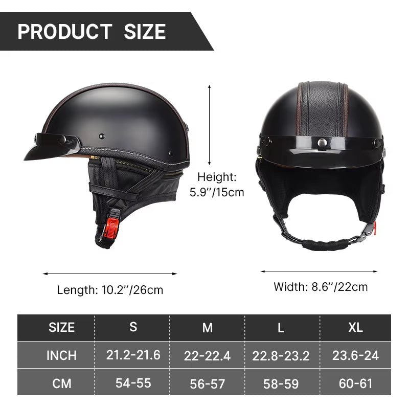 German Motorbike PU Leather Motorcycle Helmet Open Face Half Helmet Chopper Biker Pilot Black Helmet with Free Goggle