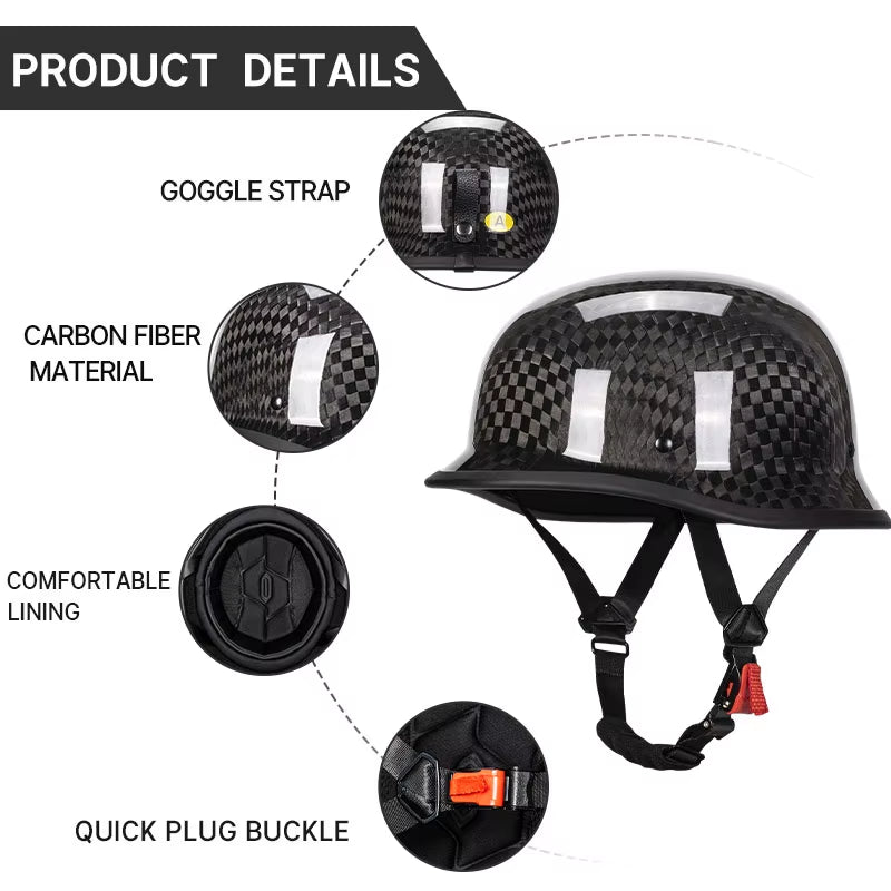 12K Matt Black Retro German Style Motorcycle Helmet Halley Cruising Moto Half Helmet Fashion Style Carbon Fiber Helmet Unisex