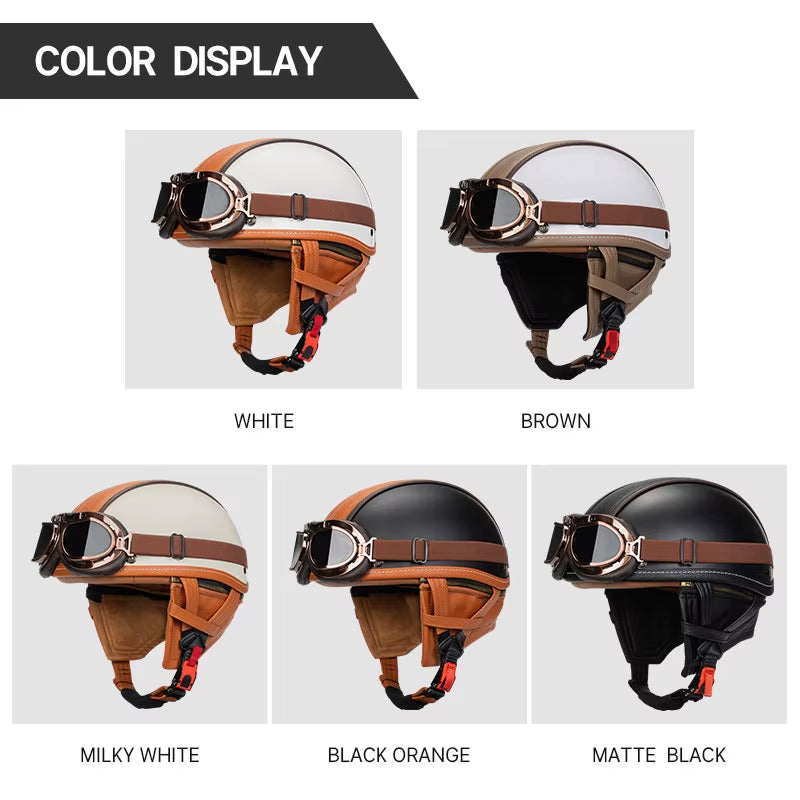 German Motorbike PU Leather Motorcycle Helmet Open Face Half Helmet Chopper Biker Pilot Black Helmet with Free Goggle