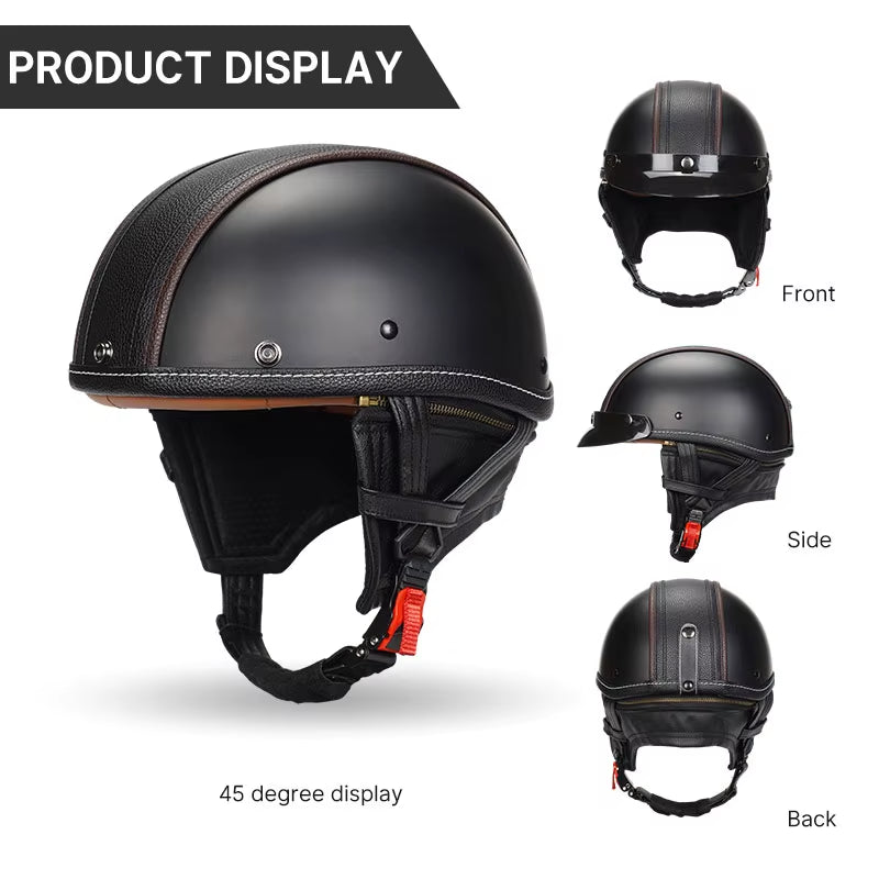 German Motorbike PU Leather Motorcycle Helmet Open Face Half Helmet Chopper Biker Pilot Black Helmet with Free Goggle