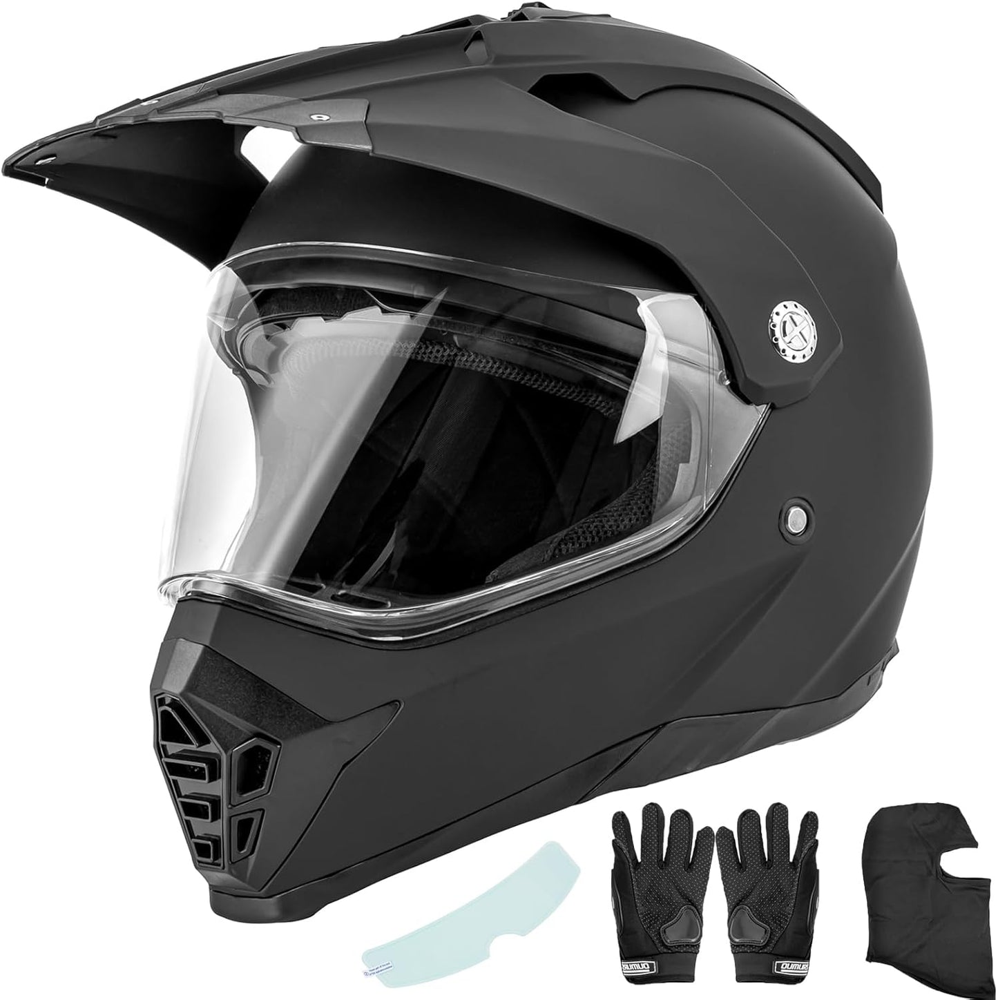 Off Road Motorcycle Dual Sport Helmet Full Face Helmet Dual Visor Dirt Bike ATV Motocross Helmet with Mask & Gloves for Unisex-Adult-Matte Black, XL