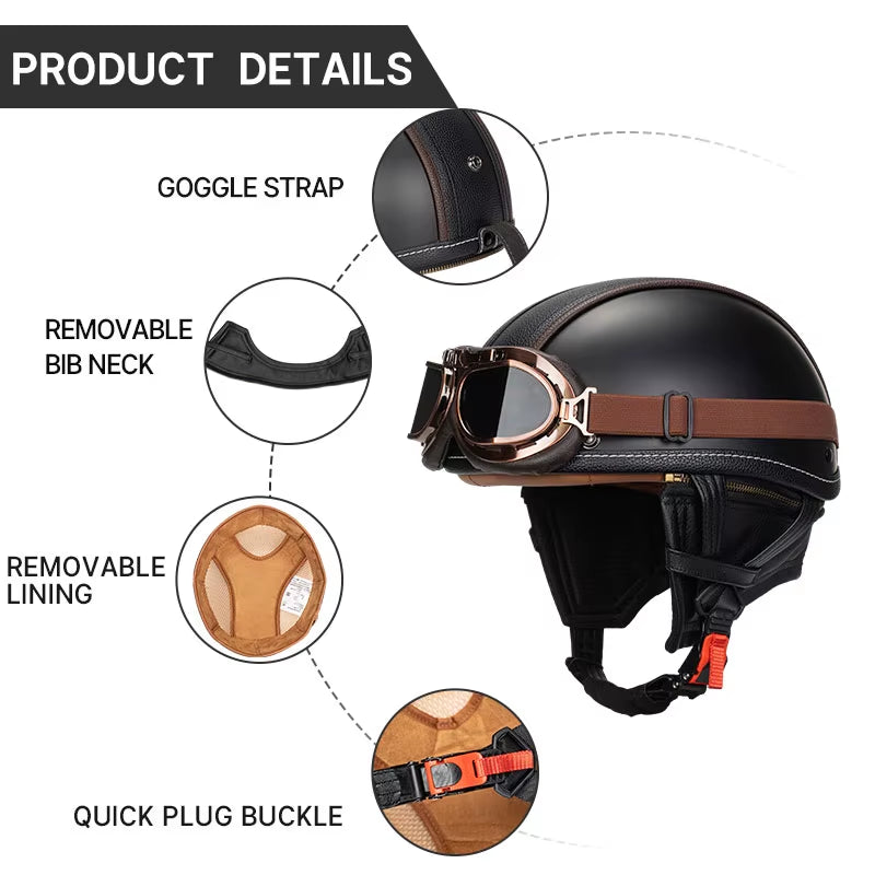 German Motorbike PU Leather Motorcycle Helmet Open Face Half Helmet Chopper Biker Pilot Black Helmet with Free Goggle