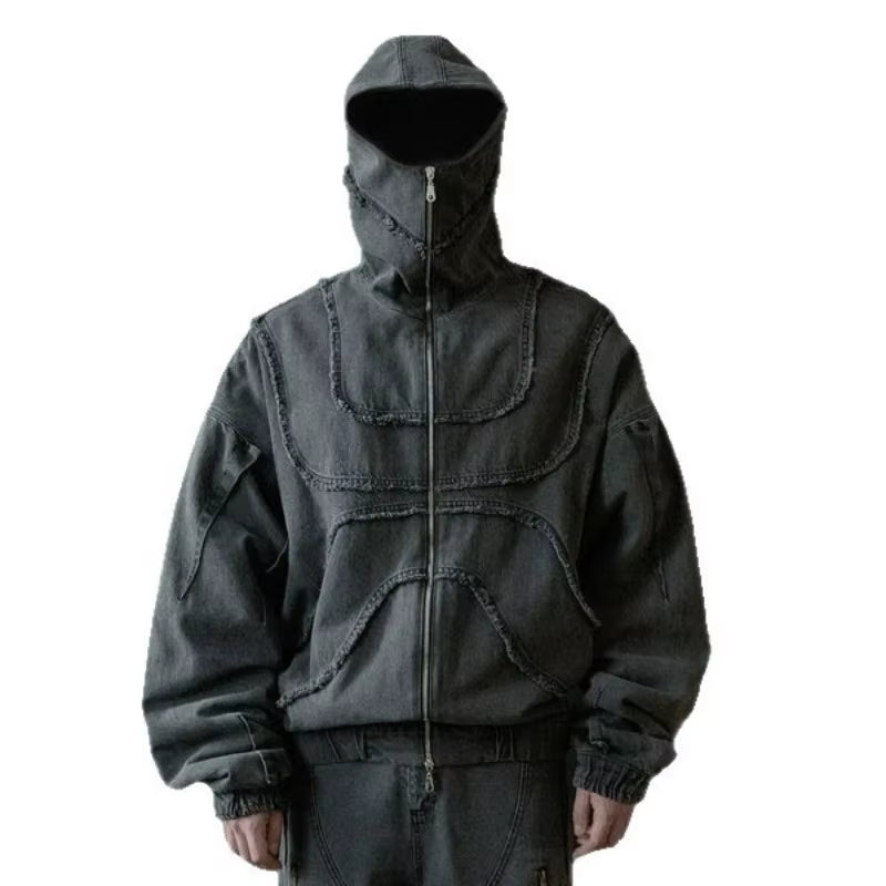 Washed Denim Jacket Y2K American Double Zipper Stitching Flanging Design Streetwear Gothic High Street Oversized Unisex Pullover