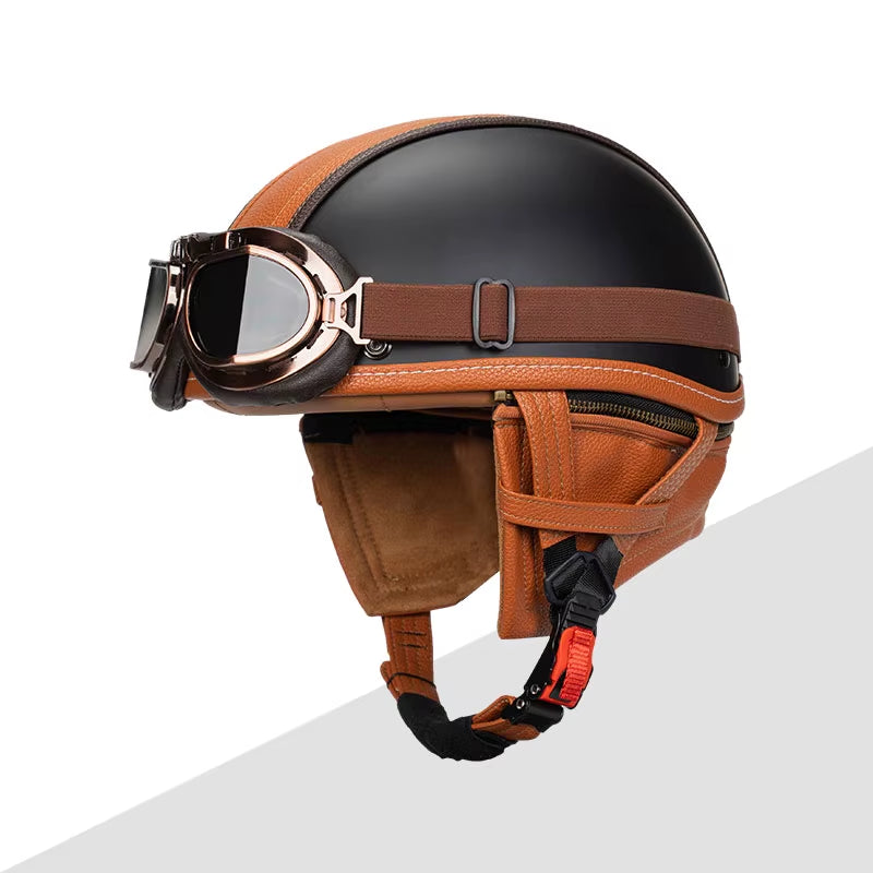 German Motorbike PU Leather Motorcycle Helmet Open Face Half Helmet Chopper Biker Pilot Black Helmet with Free Goggle