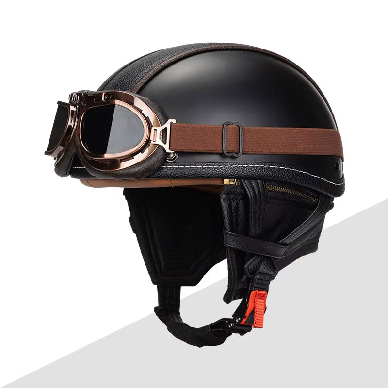 German Motorbike PU Leather Motorcycle Helmet Open Face Half Helmet Chopper Biker Pilot Black Helmet with Free Goggle