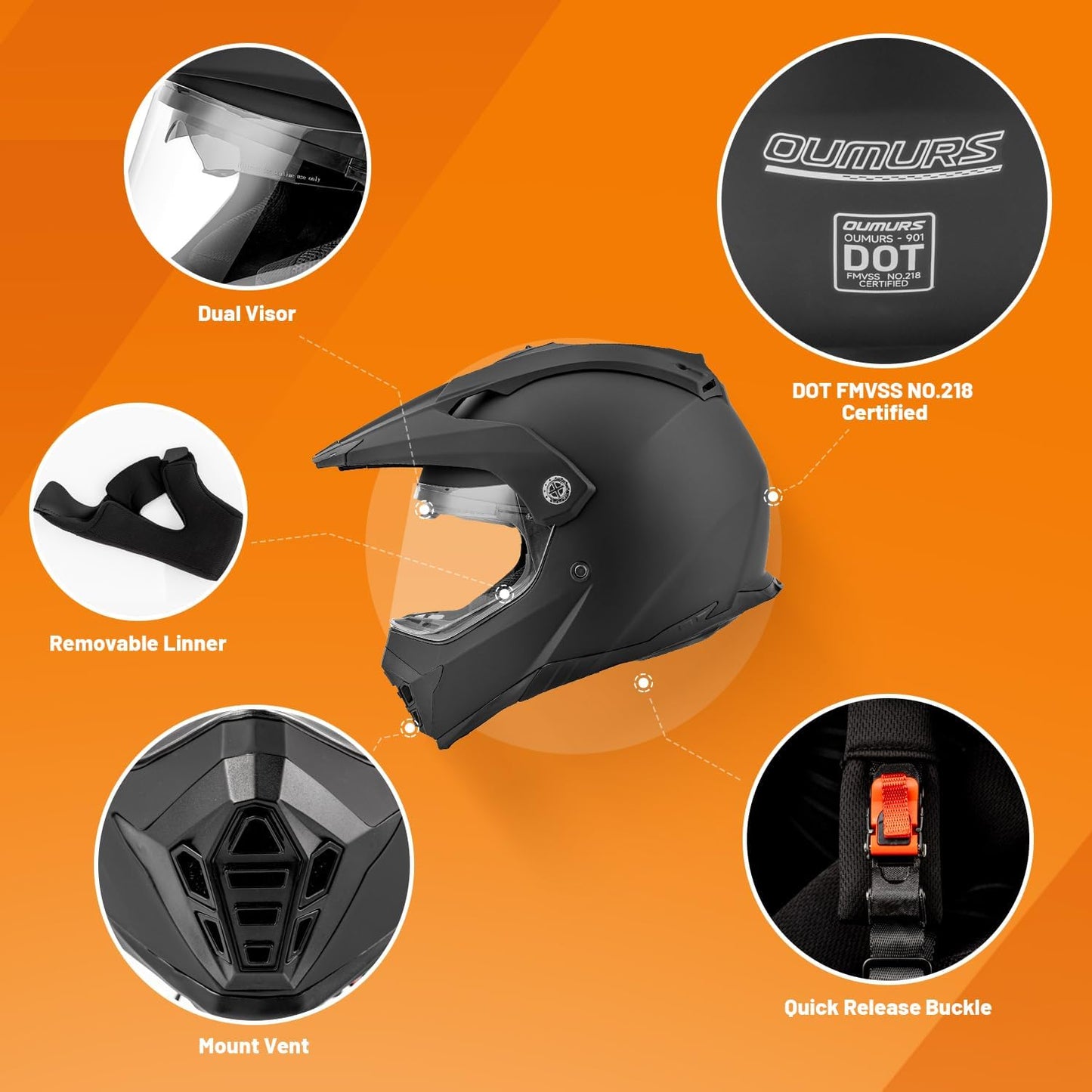 Off Road Motorcycle Dual Sport Helmet Full Face Helmet Dual Visor Dirt Bike ATV Motocross Helmet with Mask & Gloves for Unisex-Adult-Matte Black, XL