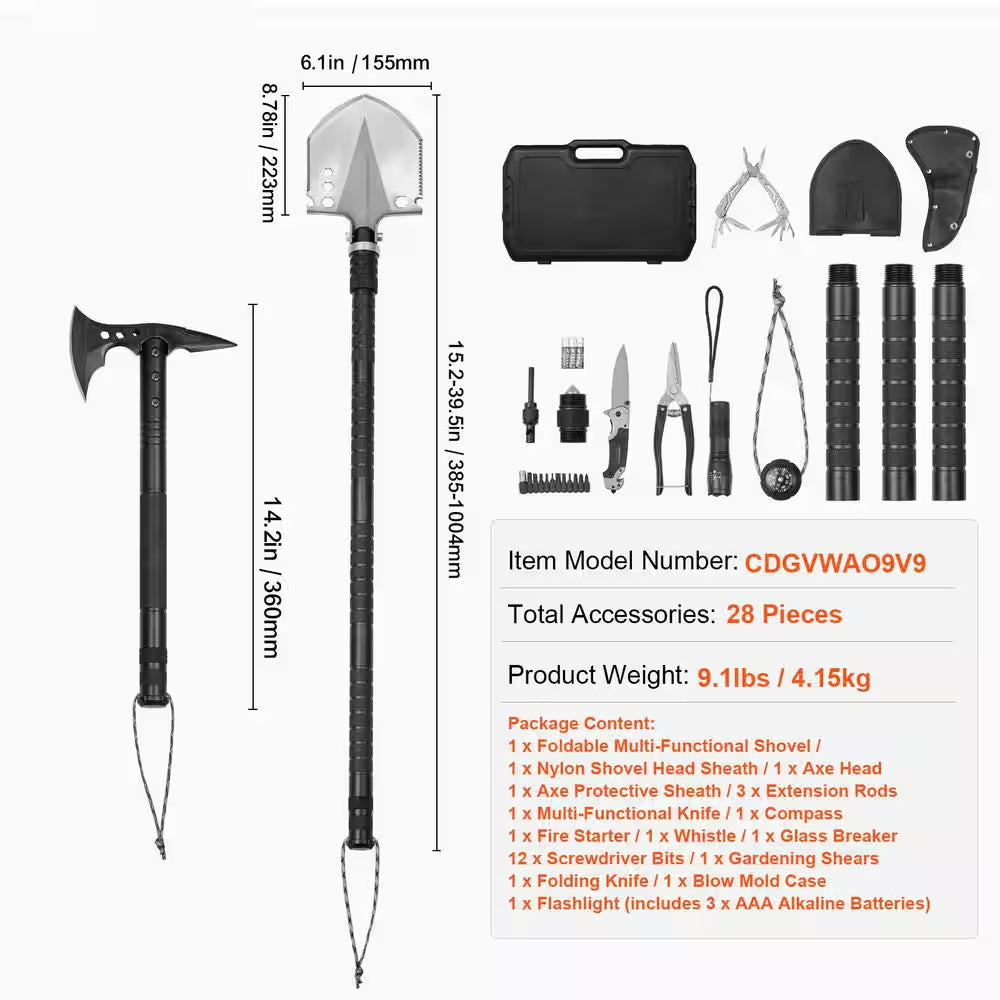 Survival Shovel Survival Axe, 28-In-1 Camping Folding Shovels with Hatchet, Stainless Steel Tactical Shovel Hatchet