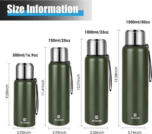 Insulated Vacuum Thermo Bottle 1500Ml/50.7Oz with Cup Stainless Steel Coffee Bottles for Hot and Cold Drink Water Flask.(Green,1500Ml)