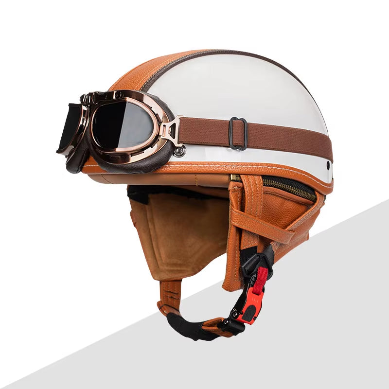 German Motorbike PU Leather Motorcycle Helmet Open Face Half Helmet Chopper Biker Pilot Black Helmet with Free Goggle