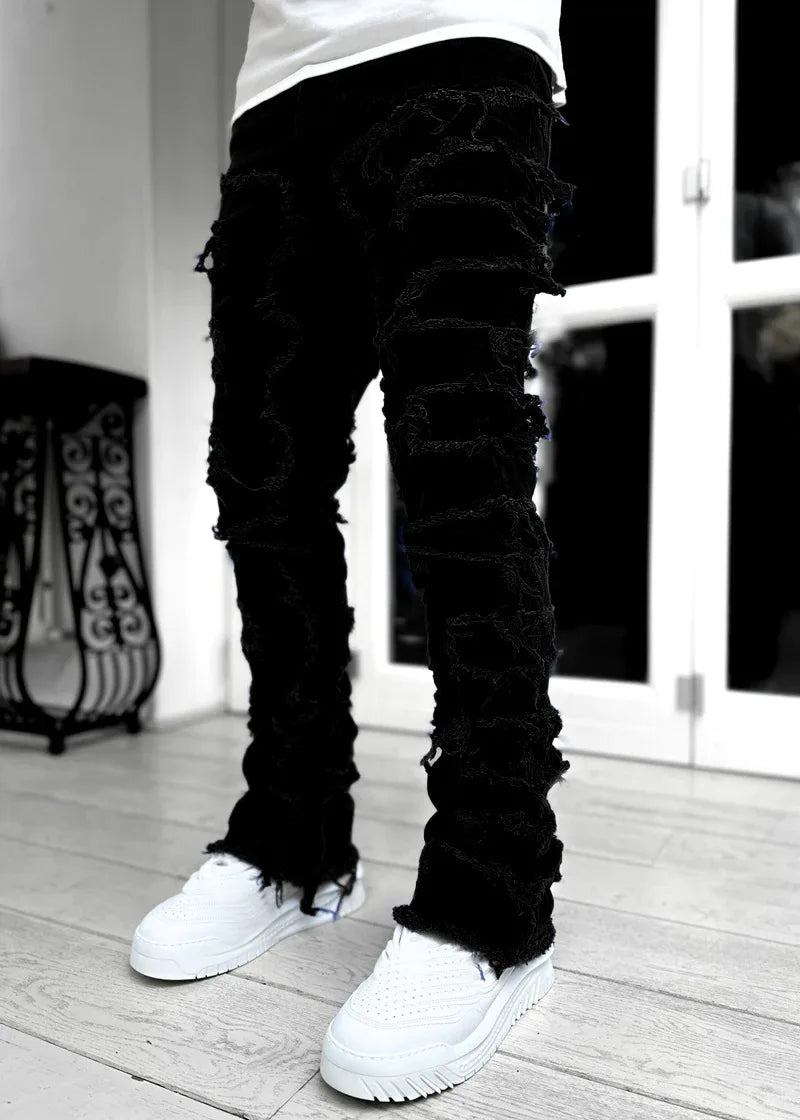 Streetwise Stretch Patch Jeans for Men Bottom Baggy Men'S Clothing Summer Solid New Fashion Mid Waist Patchwork Long Pants Male