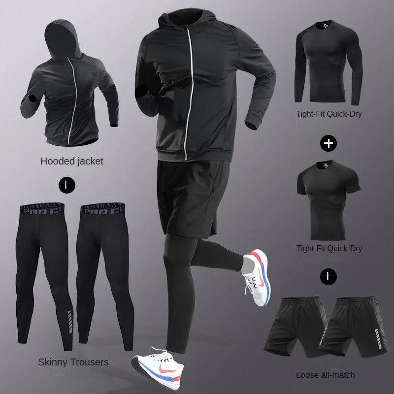 3-7Pcs Men'S Ice Fiber Quick-Dry Running Fitness Full Set/Suit Tracksuit for Marathon, Training Cycling，Jogging,Gym， Sweatpants