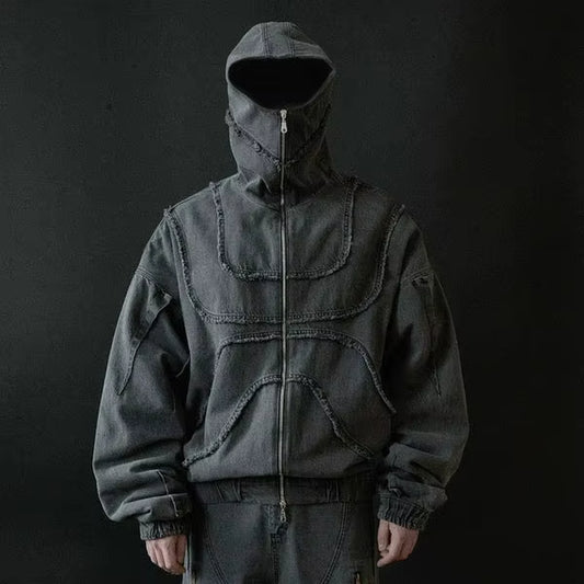 Washed Denim Jacket Y2K American Double Zipper Stitching Flanging Design Streetwear Gothic High Street Oversized Unisex Pullover