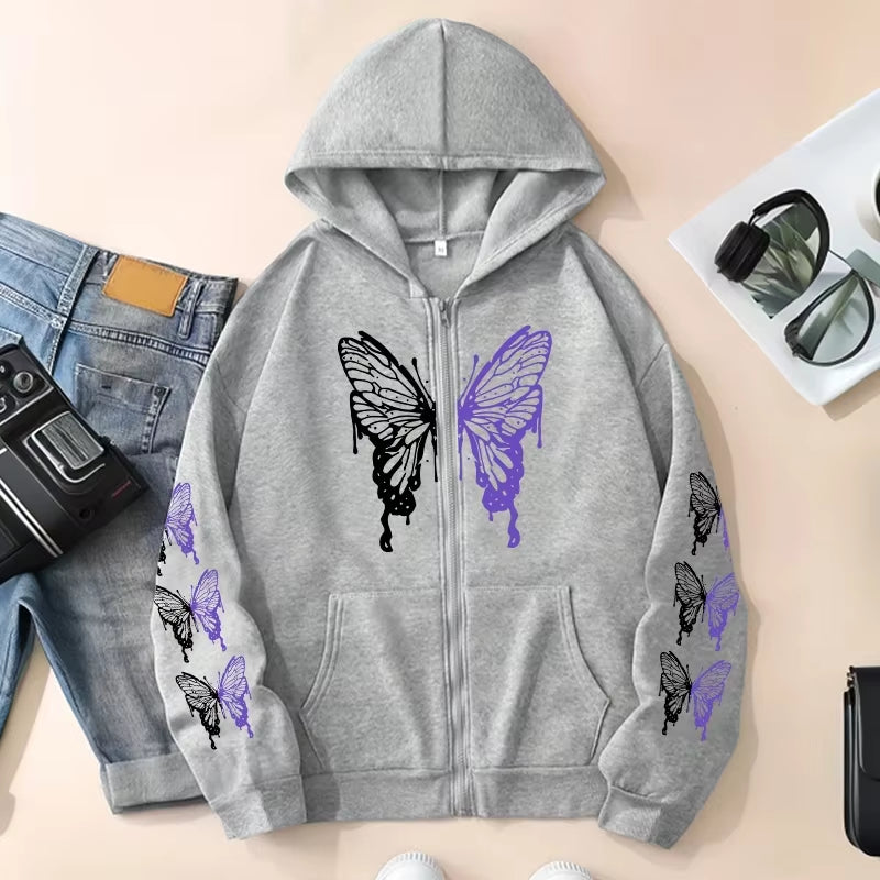 All Season Female Urban Casual Fashion Y2K Coats 2025 New Arrival Women'S Hoodie High Grade Butterfly Printed Zip-Up Sweatshirts
