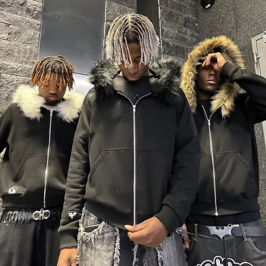 Fluffy Hat Hoodie Solid Color Casual Long Sleeve Hoodie Retro Coat Street Trend Y2K