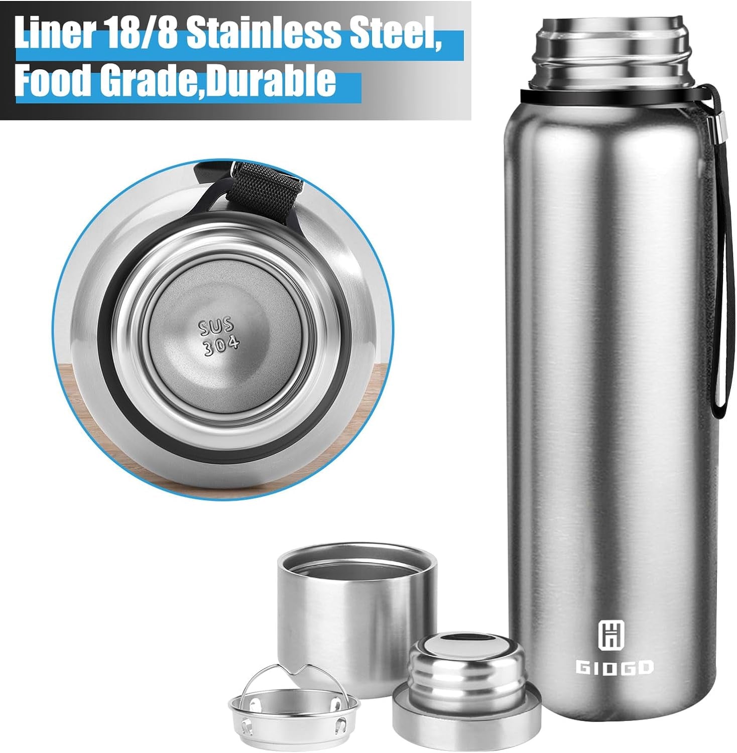 Insulated Vacuum Thermo Bottle 750Ml/25.4Oz with Cup Stainless Steel Coffee Bottles for Hot and Cold Drink Water Flask.(Silver,750Ml)