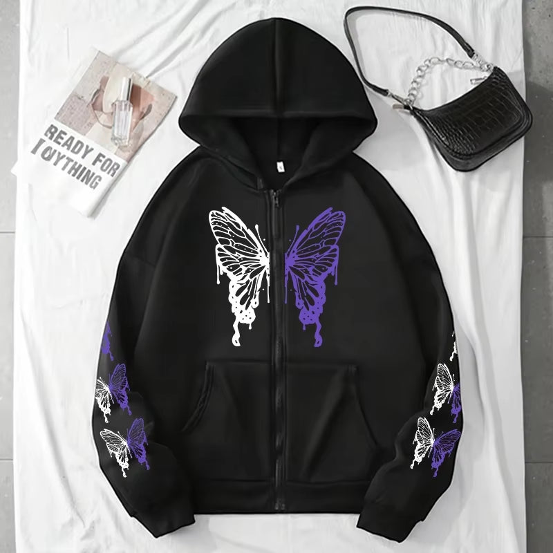 All Season Female Urban Casual Fashion Y2K Coats 2025 New Arrival Women'S Hoodie High Grade Butterfly Printed Zip-Up Sweatshirts