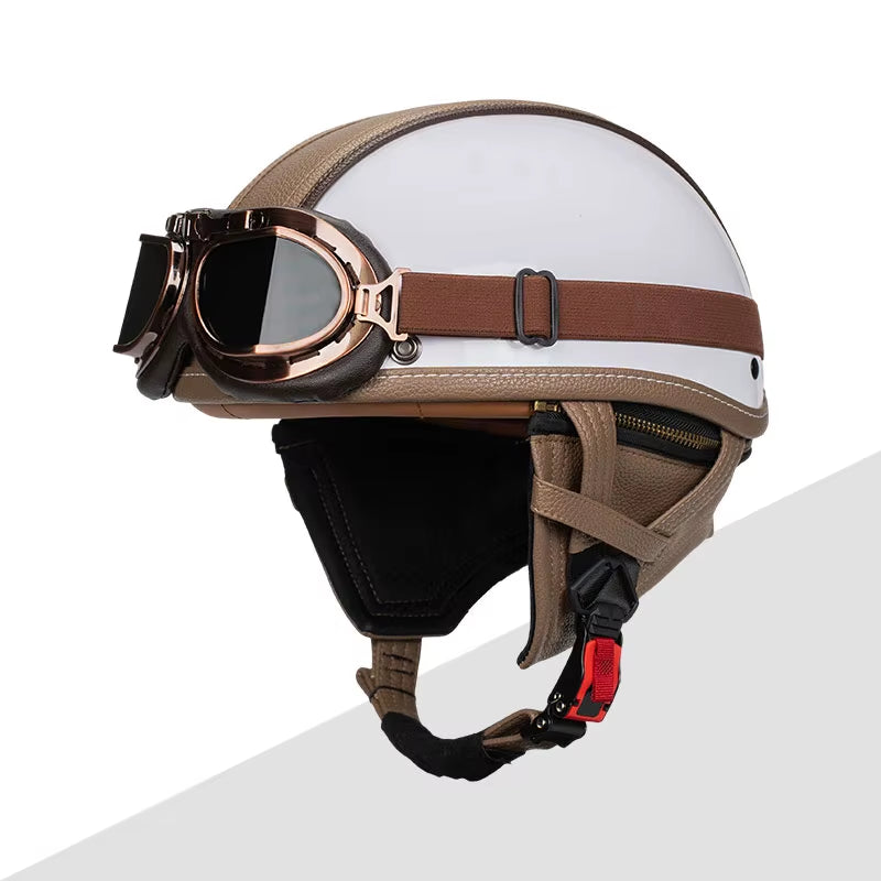 German Motorbike PU Leather Motorcycle Helmet Open Face Half Helmet Chopper Biker Pilot Black Helmet with Free Goggle