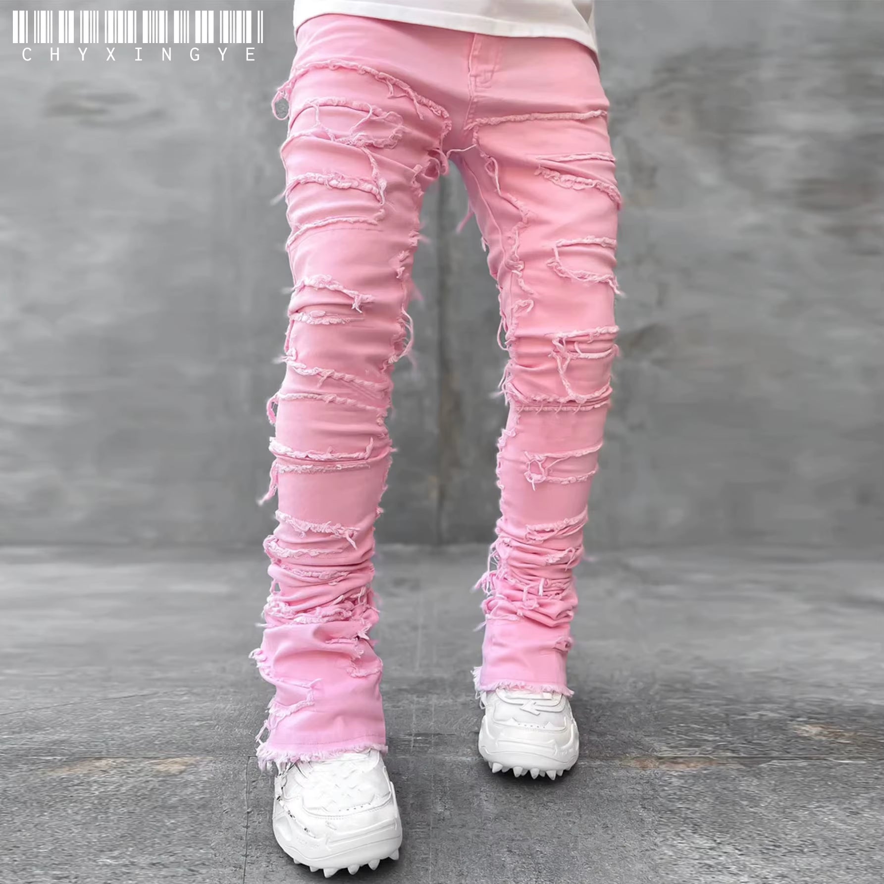 Streetwise Stretch Patch Jeans for Men Bottom Baggy Men'S Clothing Summer Solid New Fashion Mid Waist Patchwork Long Pants Male