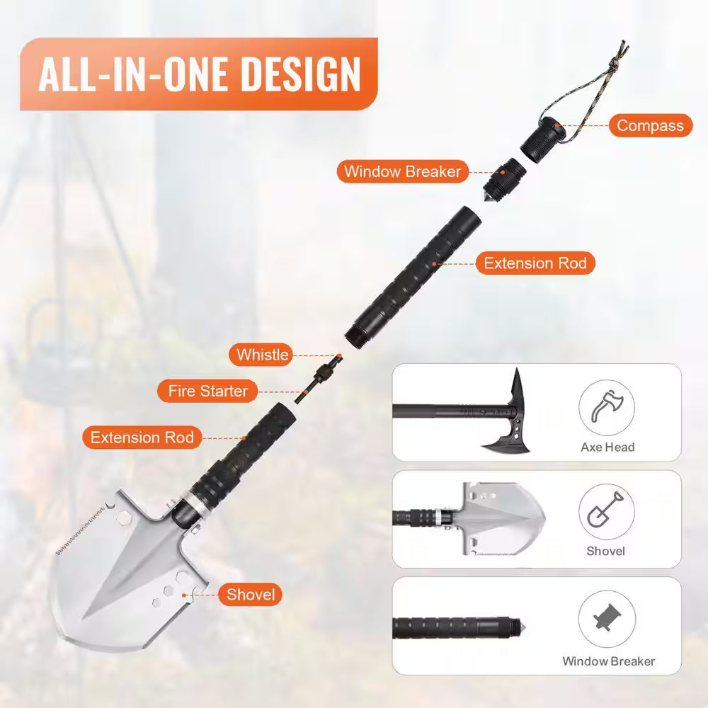 Survival Shovel Survival Axe, 28-In-1 Camping Folding Shovels with Hatchet, Stainless Steel Tactical Shovel Hatchet