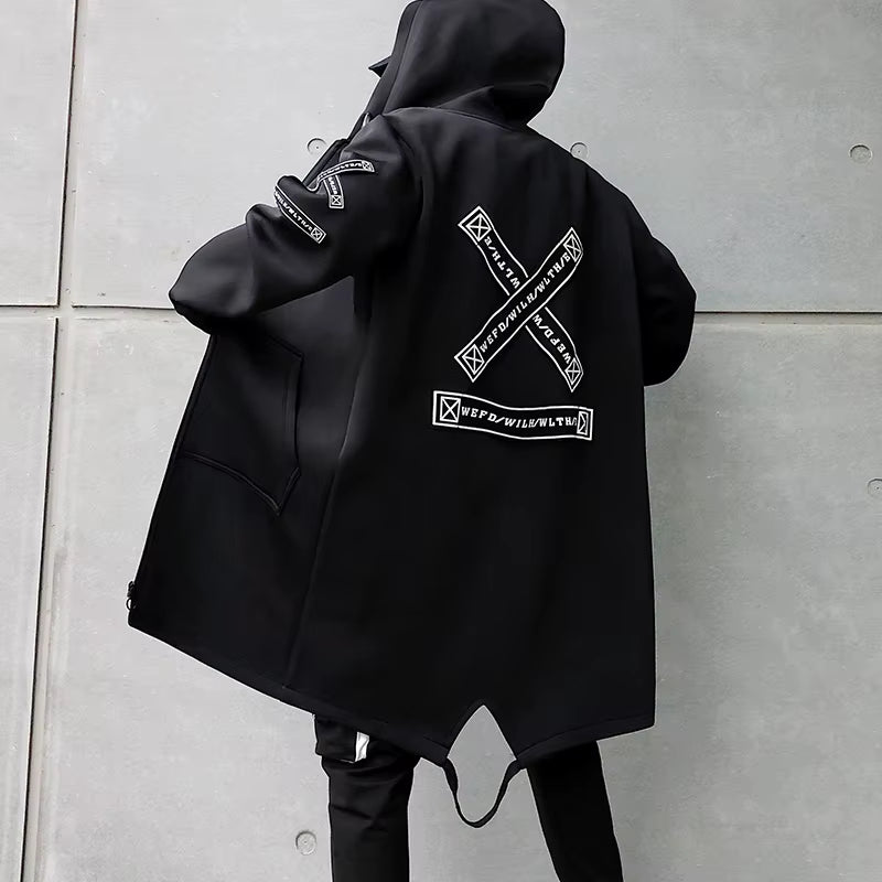 New Men Streetwear Black Jackets and Coats Hip Hop Harajuku Hooded Men'S Windbreaker Overcoat Mens Clothing Outwear M-5XL