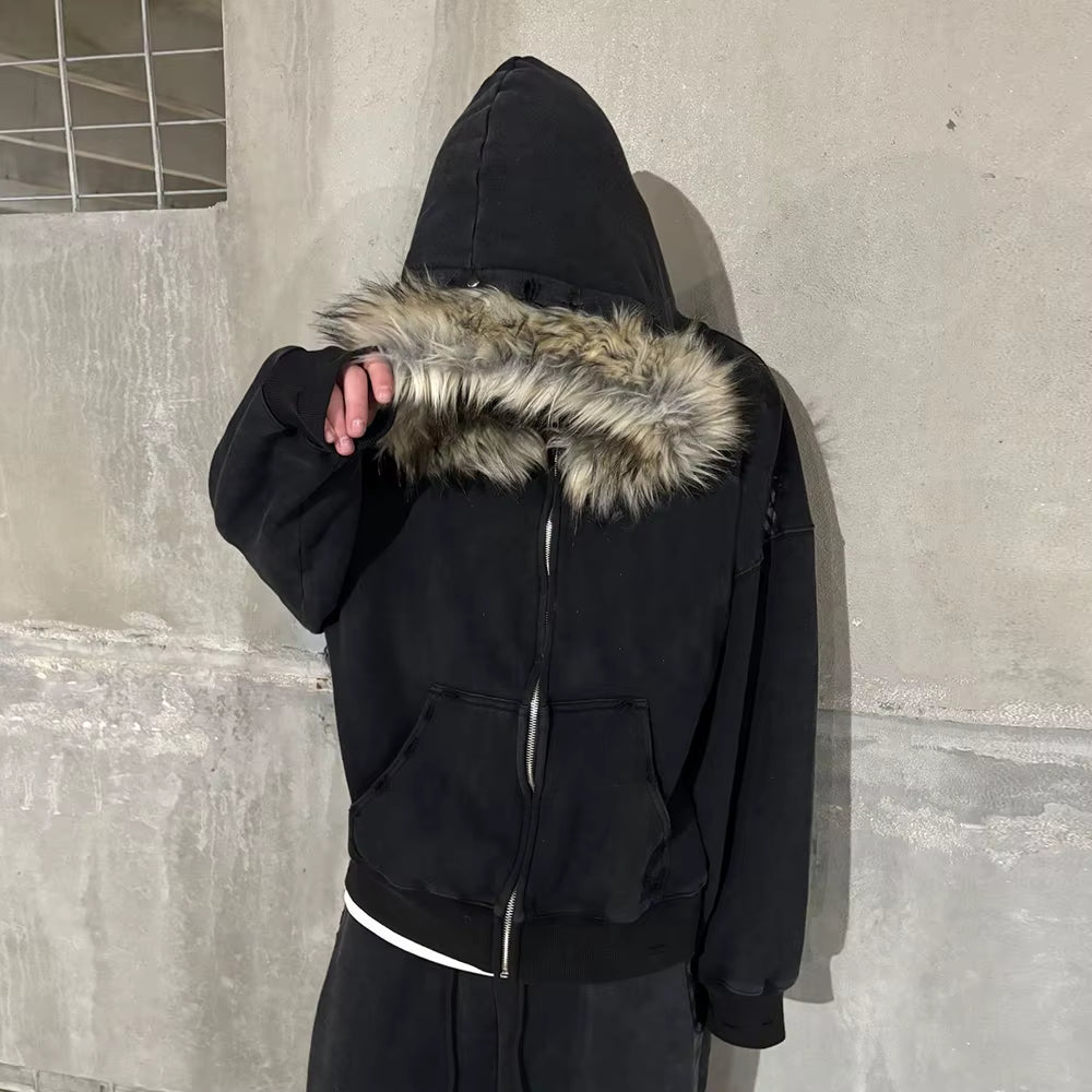 Fluffy Hat Hoodie Solid Color Casual Long Sleeve Hoodie Retro Coat Street Trend Y2K