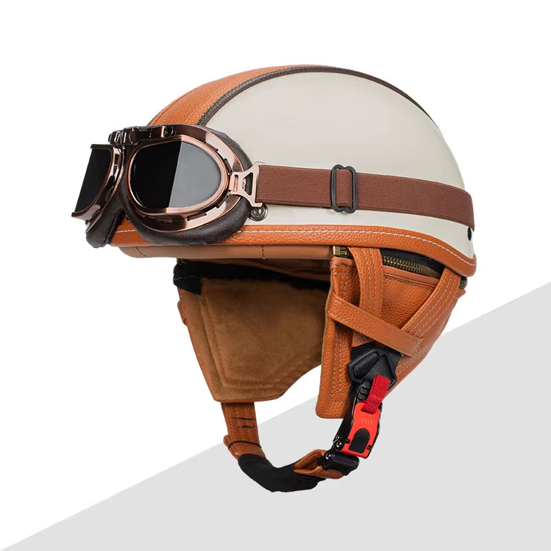 German Motorbike PU Leather Motorcycle Helmet Open Face Half Helmet Chopper Biker Pilot Black Helmet with Free Goggle