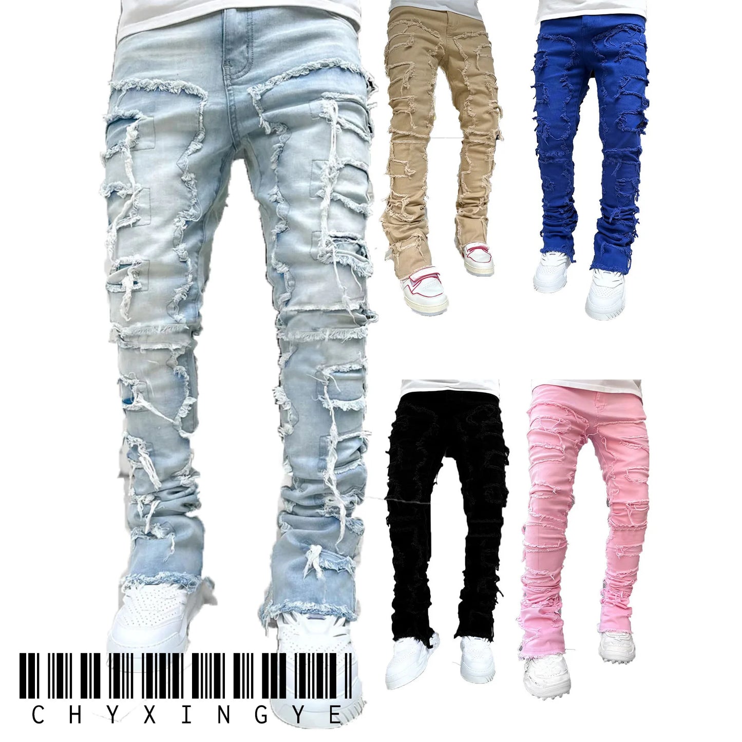 Streetwise Stretch Patch Jeans for Men Bottom Baggy Men'S Clothing Summer Solid New Fashion Mid Waist Patchwork Long Pants Male