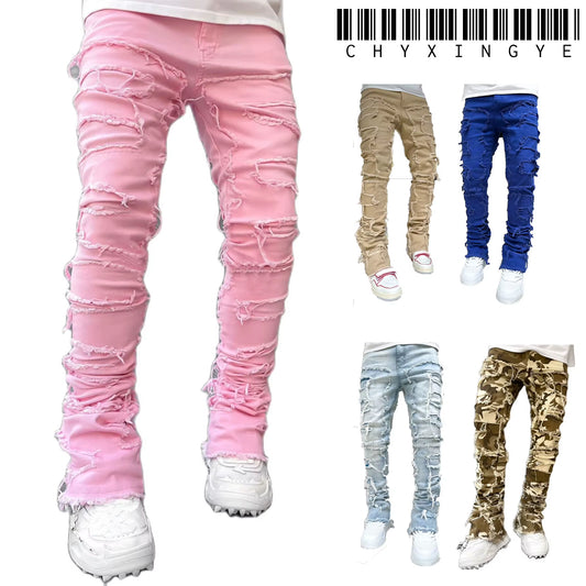 Streetwise Stretch Patch Jeans for Men Bottom Baggy Men'S Clothing Summer Solid New Fashion Mid Waist Patchwork Long Pants Male